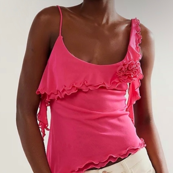 Free People Tops - free people fuscia pink rose ruffle mesh tank top